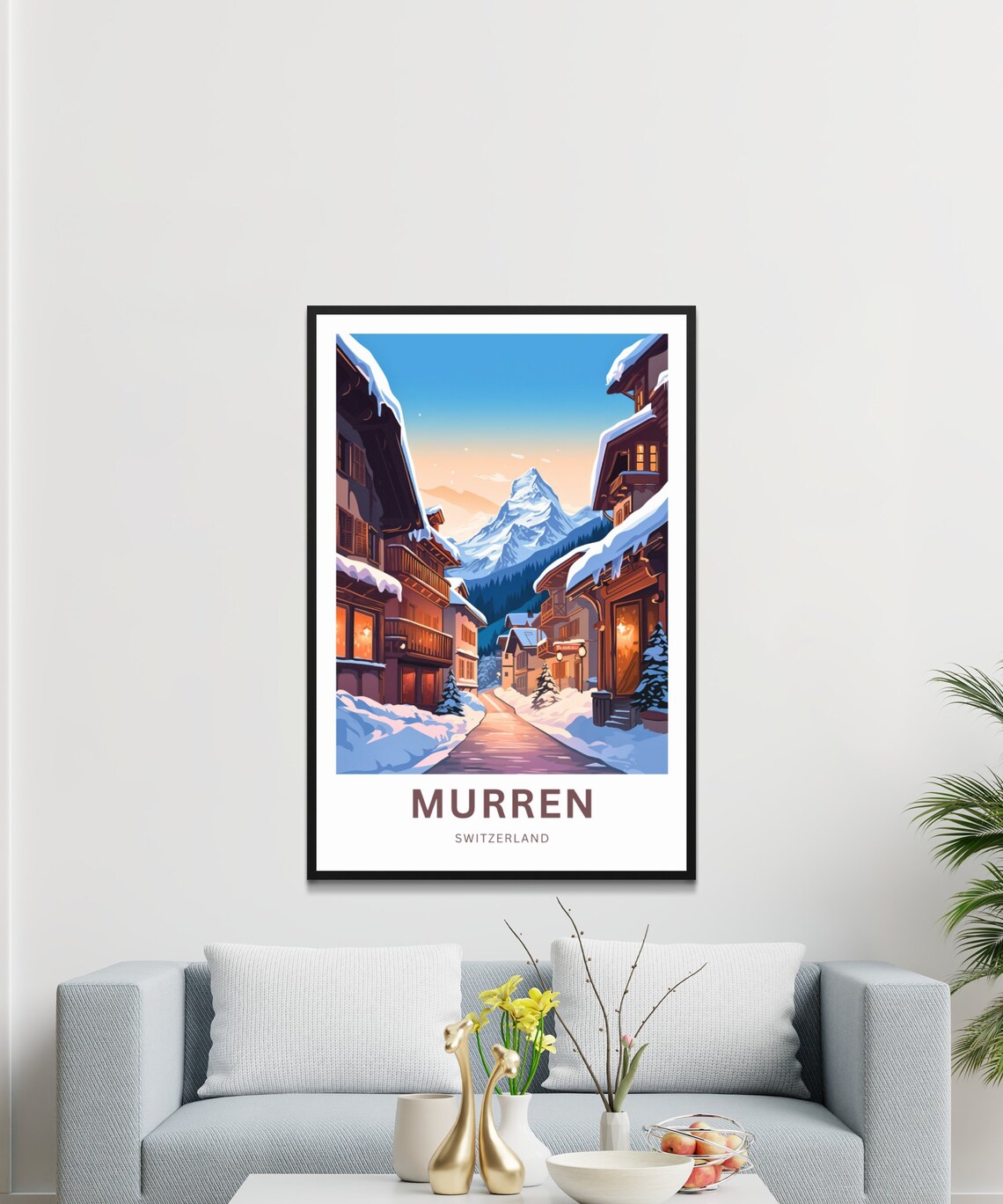 Murren Switzerland Dusk Snow Village Glowing Lights Travel Poster - Image 3