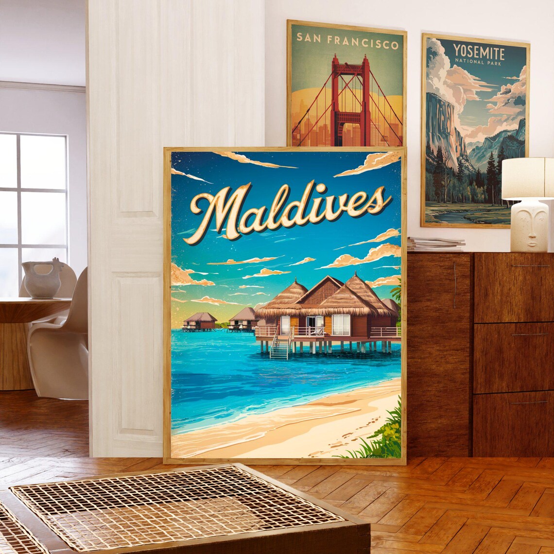 Maldives Vintage Overwater Bungalows Retro Beach Travel Poster - Image 5