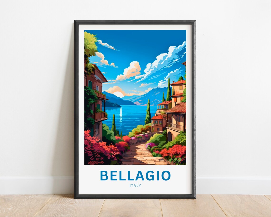 Bellagio Italy Blooming Garden Path Cypress Lake View Travel Poster
