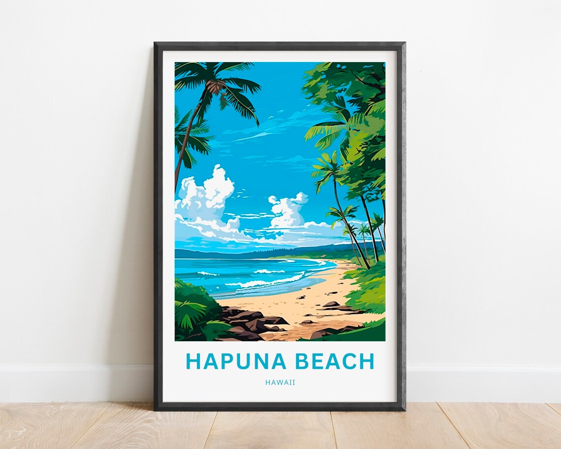 Hapuna Beach Hawaii Palm Trees Turquoise Surf Vintage Travel Poster