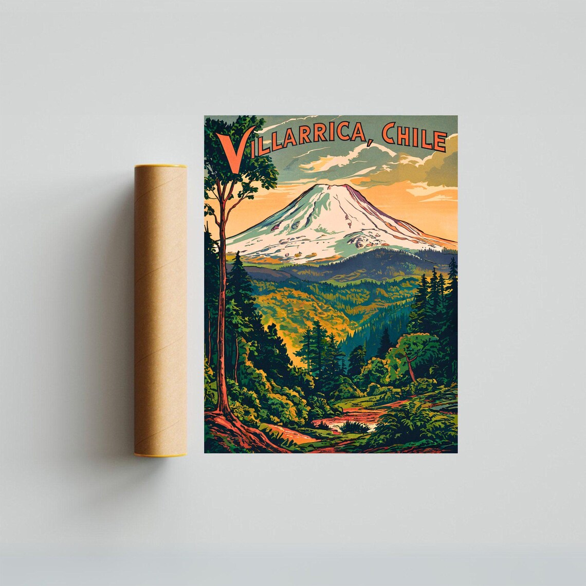 Villarrica Chile Vintage Snow Capped Volcano Forest Travel Poster - Image 4