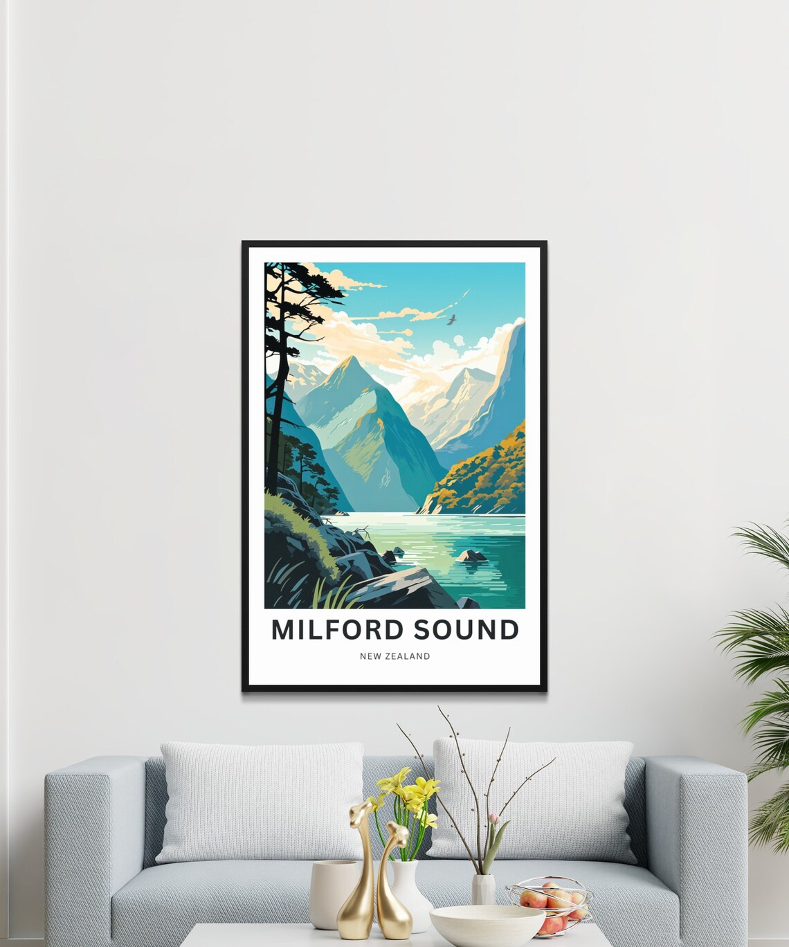 Milford Sound New Zealand Fjord Peaks Pine Tree Vintage Travel Poster - Image 3