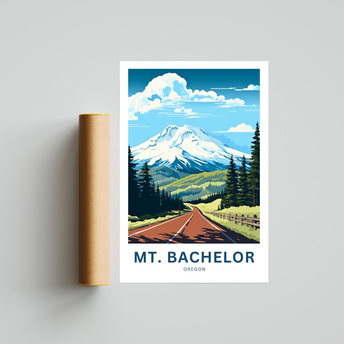 Mt Bachelor Oregon Snowcapped Peak Pine Forest Red Road Travel Poster - Image 4