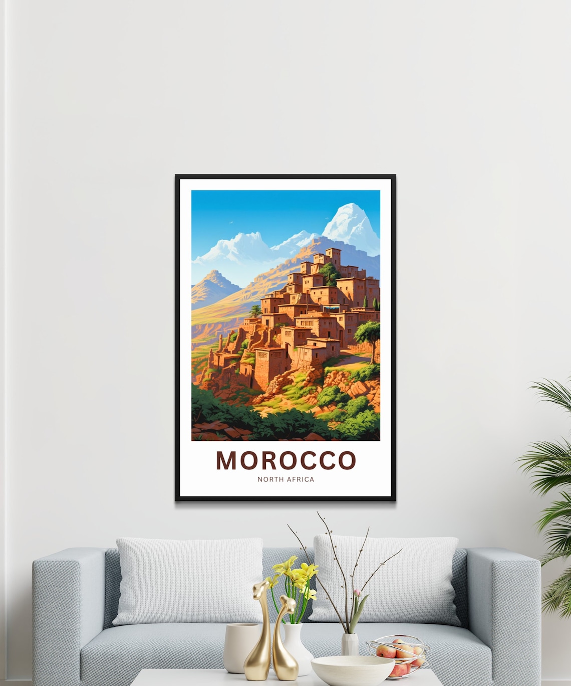 Morocco Kasbah Village Red Hills Snow Mountain Atlas View Poster - Image 3