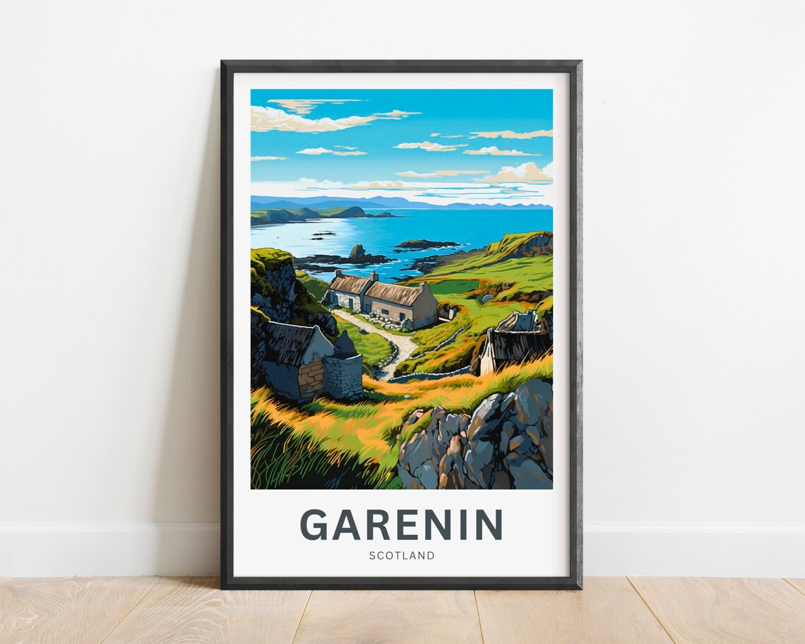 Garenin Scotland Coastal Cottages On Rocky Shore Travel Poster