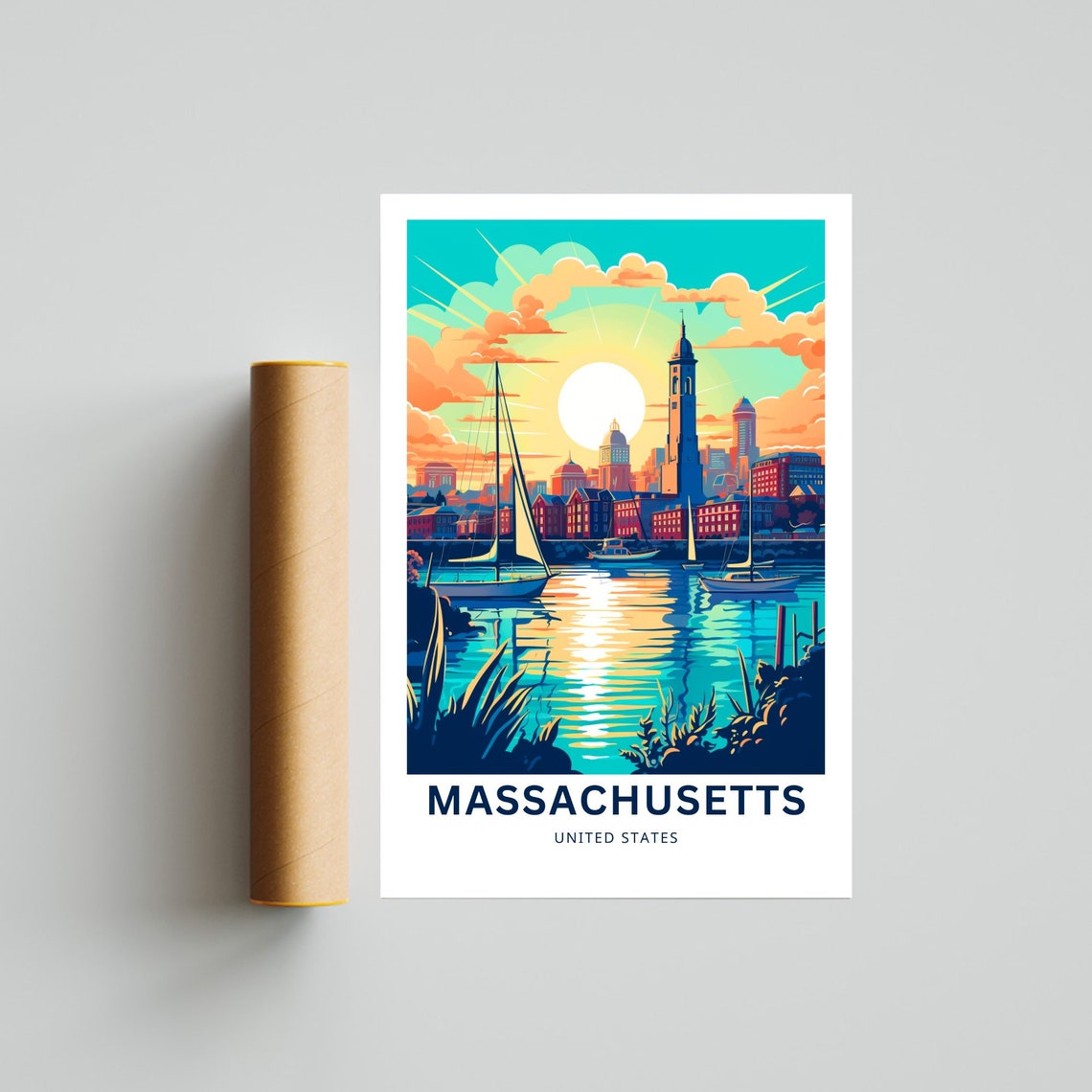 Personalized Massachusetts Harbor Sunset Sailboat Travel Poster - Image 4