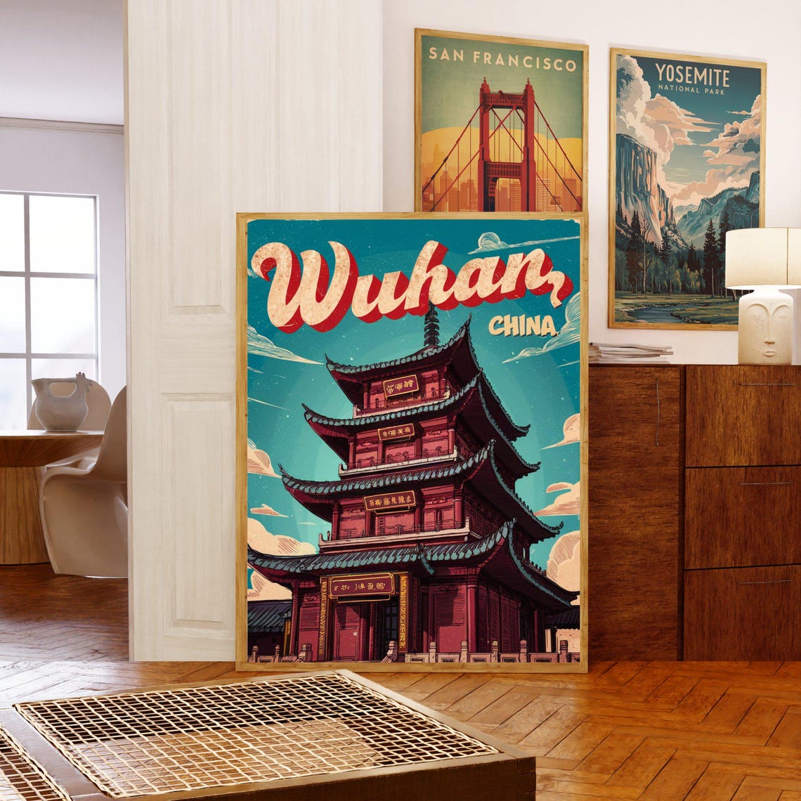 Wuhan China Retro Red Pagoda Tower Vintage Script Lettering Poster - Image 5