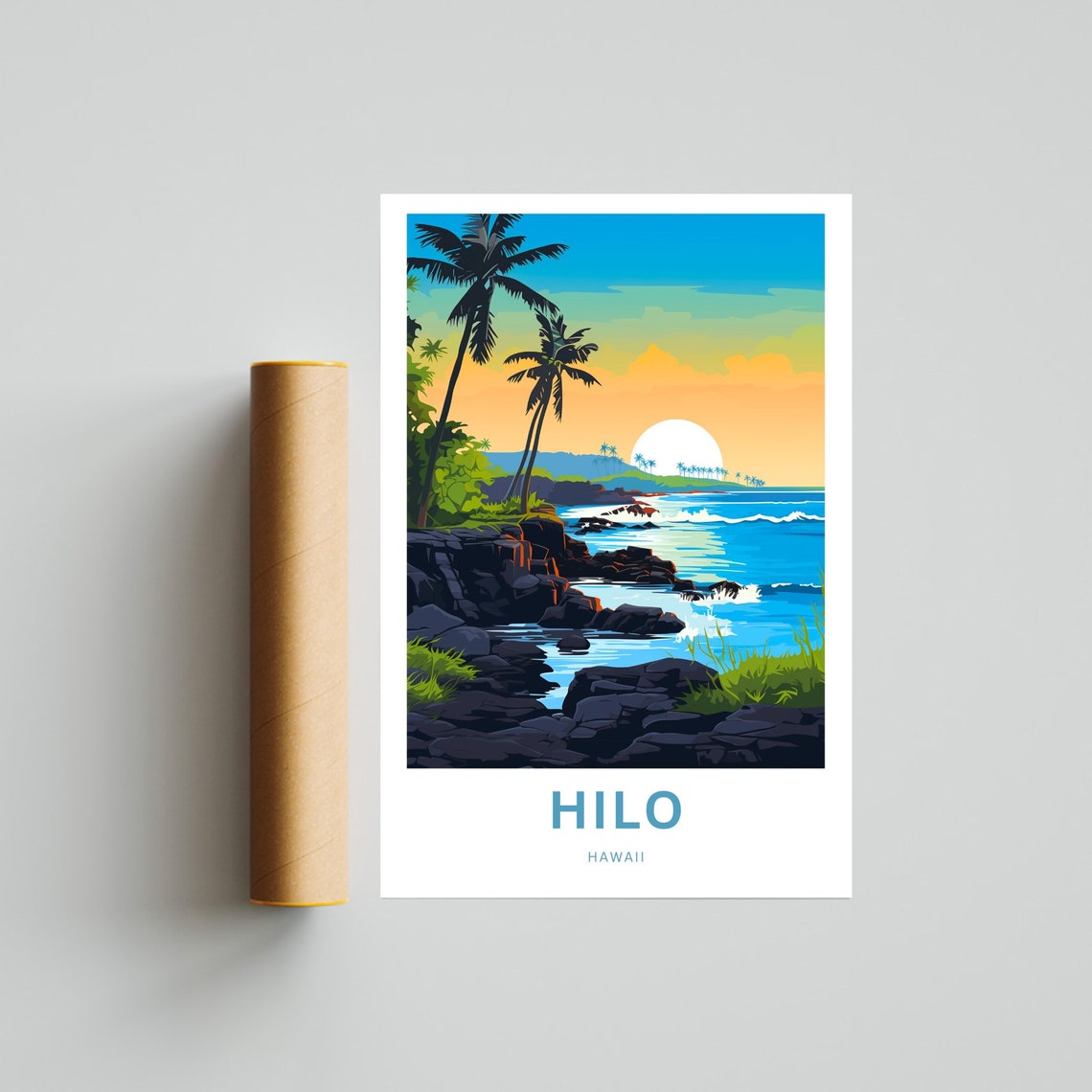 Hilo Hawaii Palm Trees Sunset Beach Coast Personalized Travel Poster - Image 4