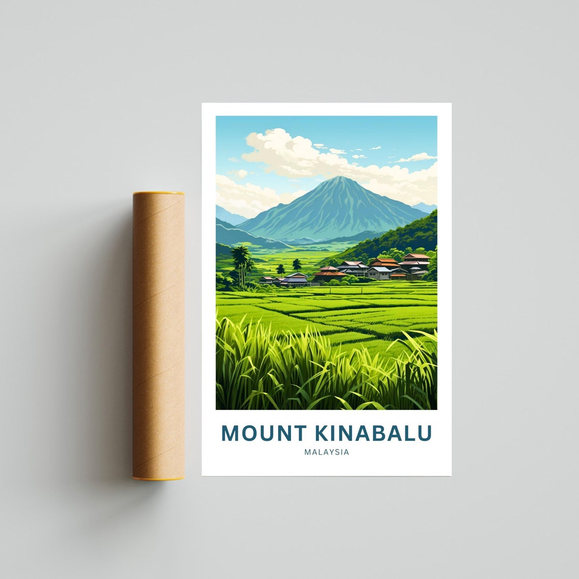 Mount Kinabalu Malaysia Green Rice Paddies Village Travel Poster - Image 4