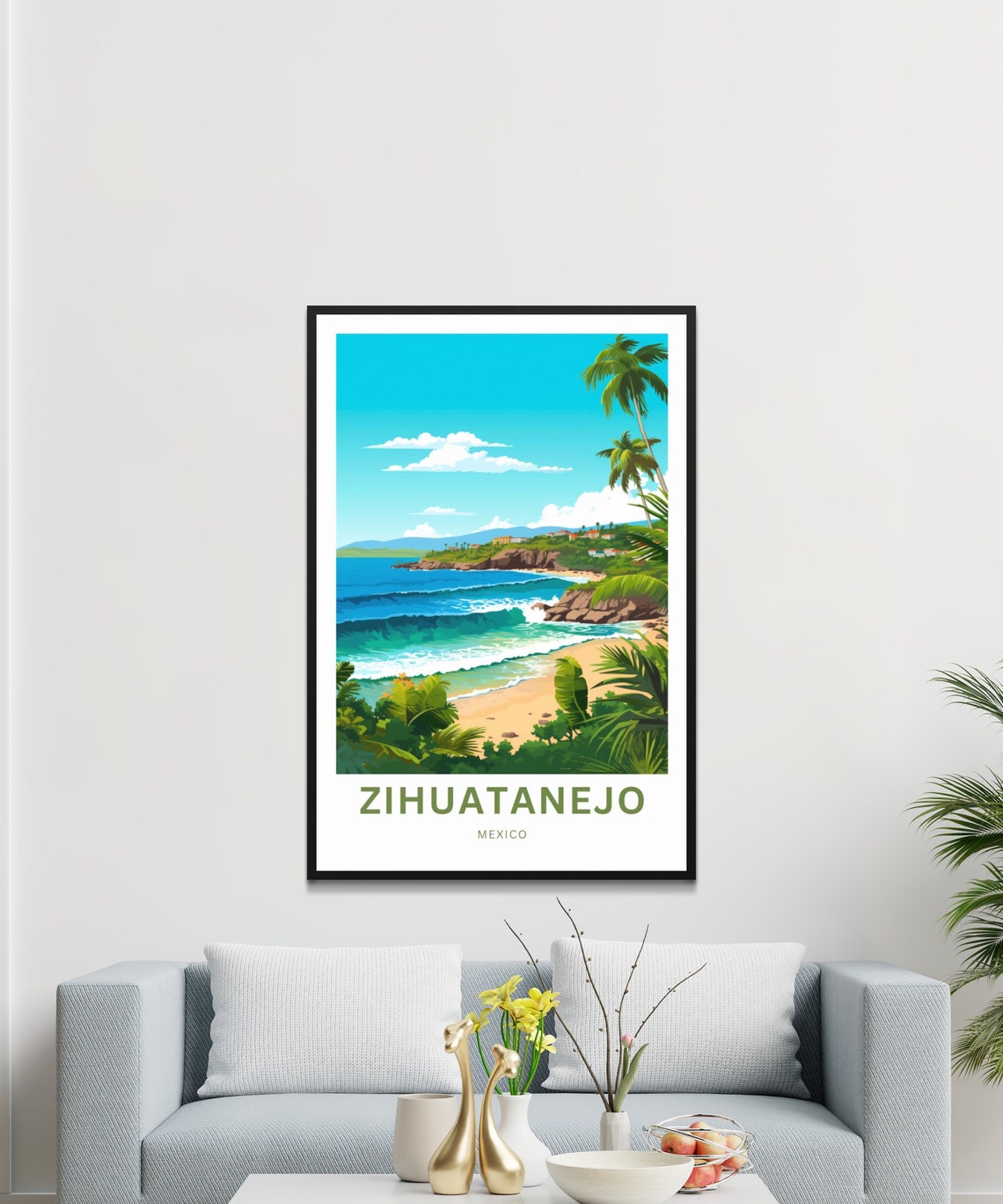 Zihuatanejo Mexico Rolling Ocean Waves Beach Palms Tropical Poster - Image 3