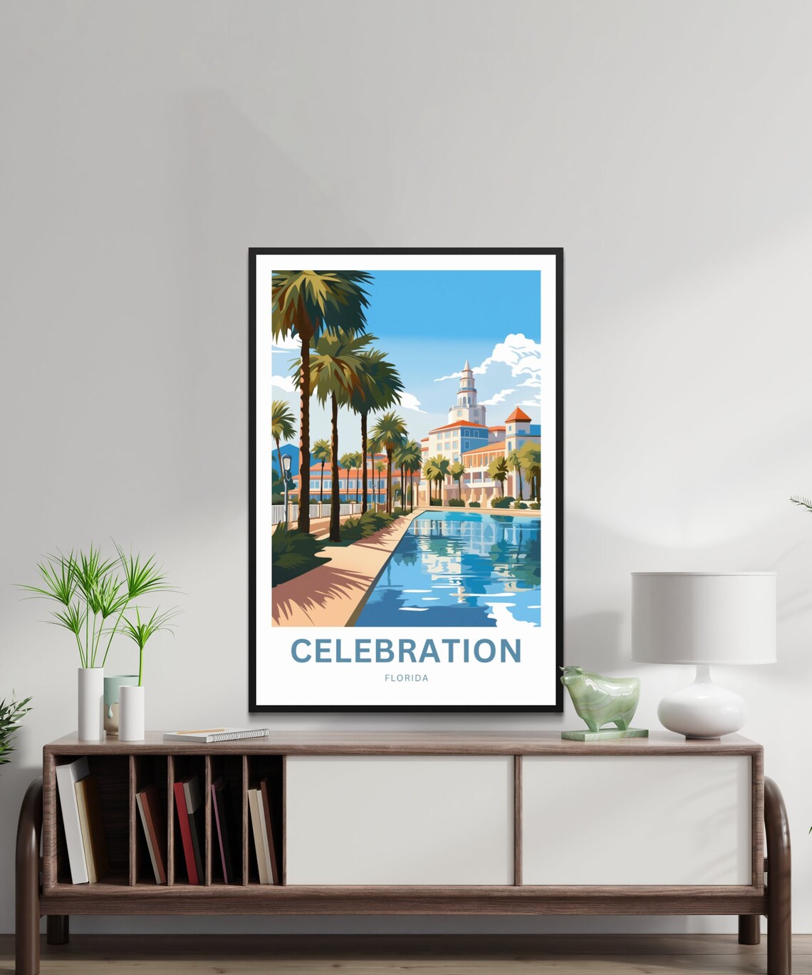 Celebration Florida Palms Waterfront Modern Travel Art Poster - Image 3