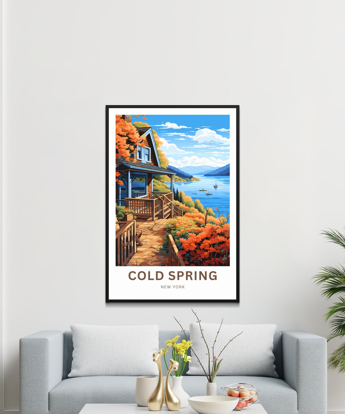 Cold Spring New York Autumn Lake Cabin Watercolor Travel Poster - Image 3