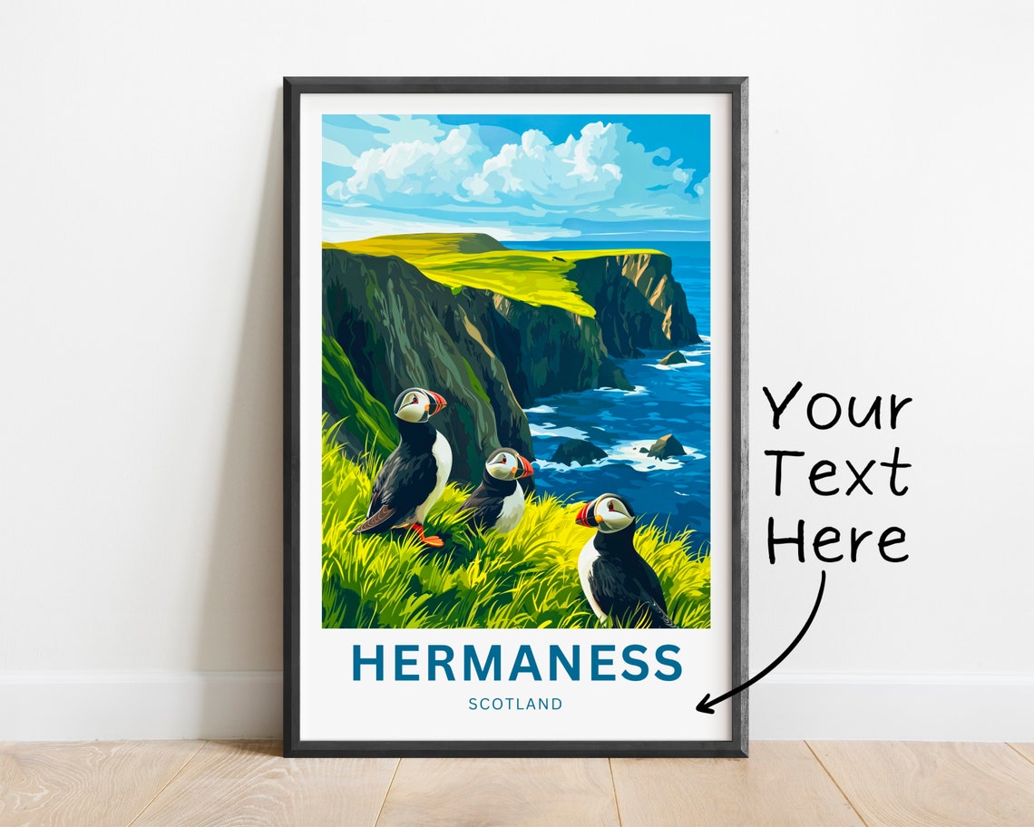 Personalized Hermaness Scotland Puffins on Green Sea Cliffs Poster