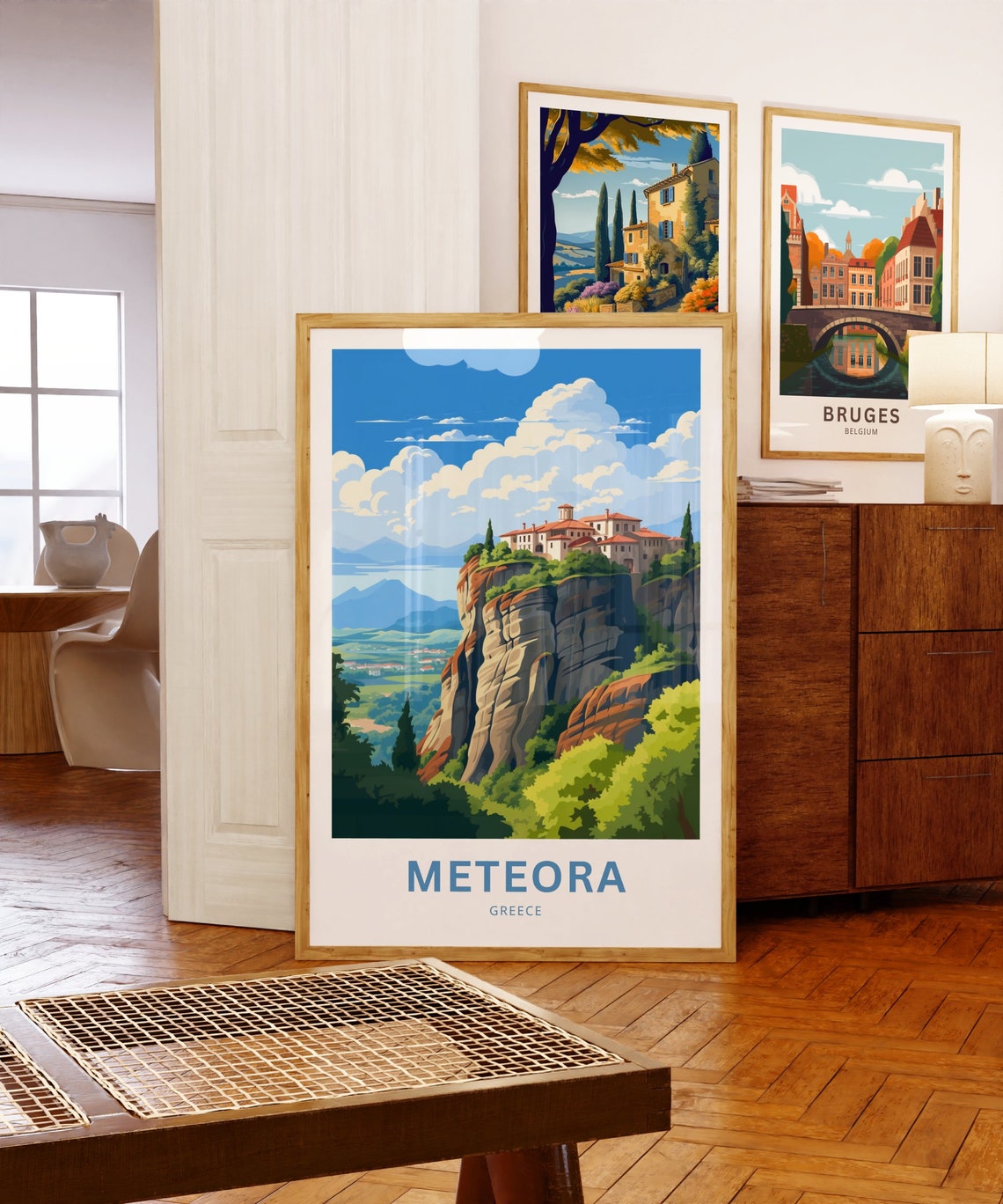 Meteora Greece Clifftop Monastery Over Valley Retro Travel Poster - Image 3