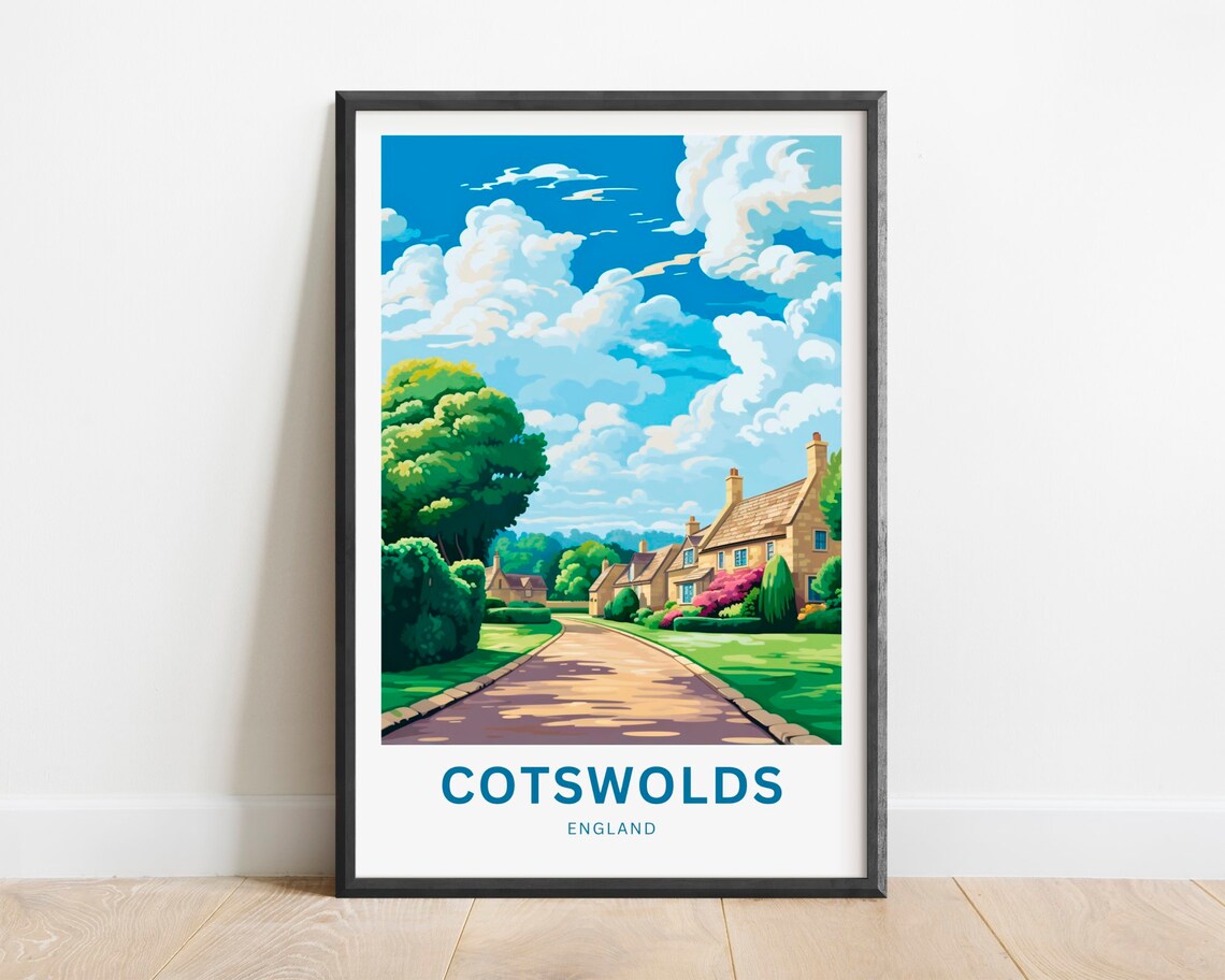 Cotswolds England Stone Cottages Village Lane Vintage Travel Poster