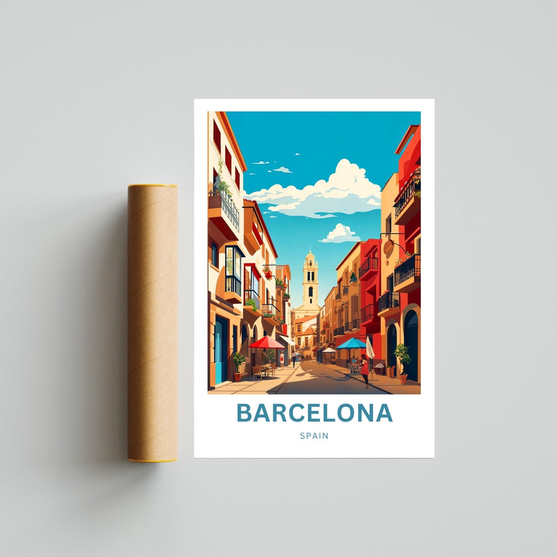 Personalized Barcelona Spain Sunlit Bell Tower Street Poster - Image 3