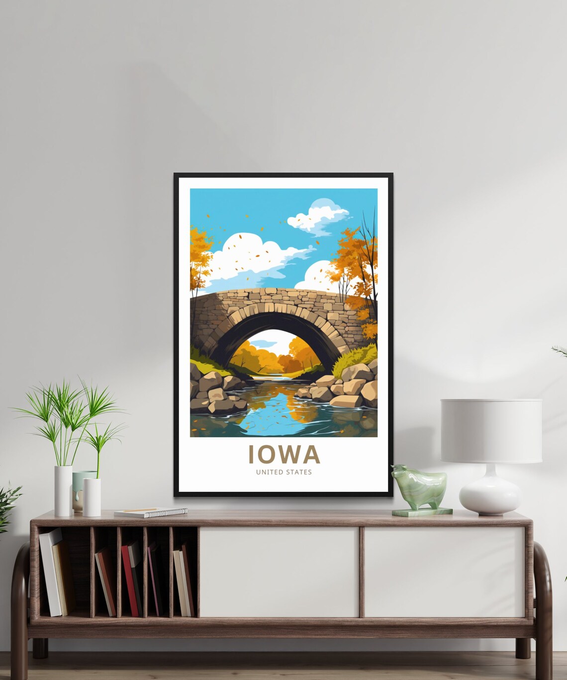 Iowa United States Stone Bridge Autumn Fall Foliage Travel Poster - Image 2