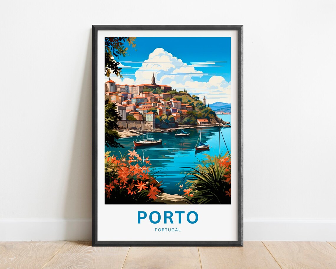 Porto Portugal Colorful Hillside Town Sailboat Harbor Travel Poster