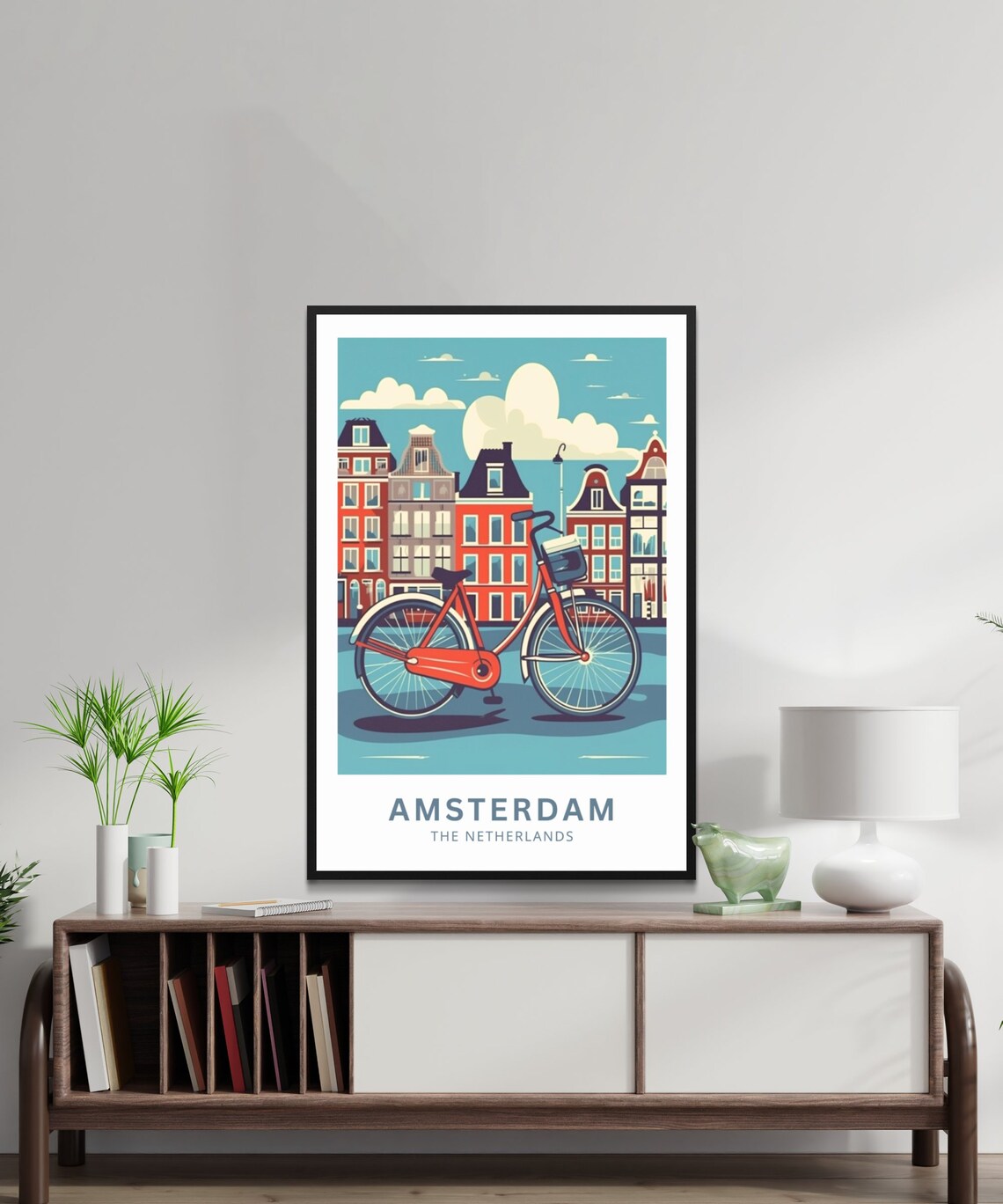 Amsterdam Red Bicycle Canal Houses Dutch City Vintage Travel Poster - Image 3
