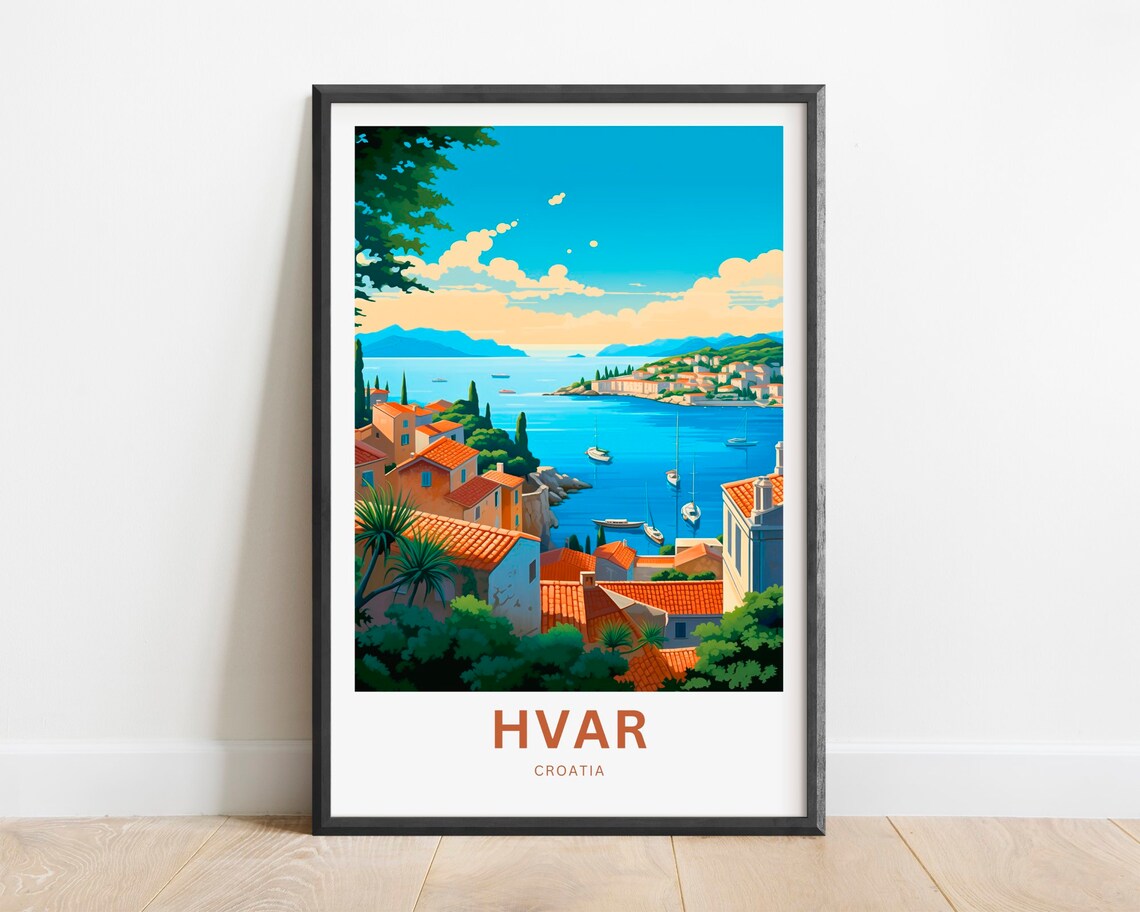 Hvar Croatia Old Town Harbor Sailboats Red Roof Travel Poster