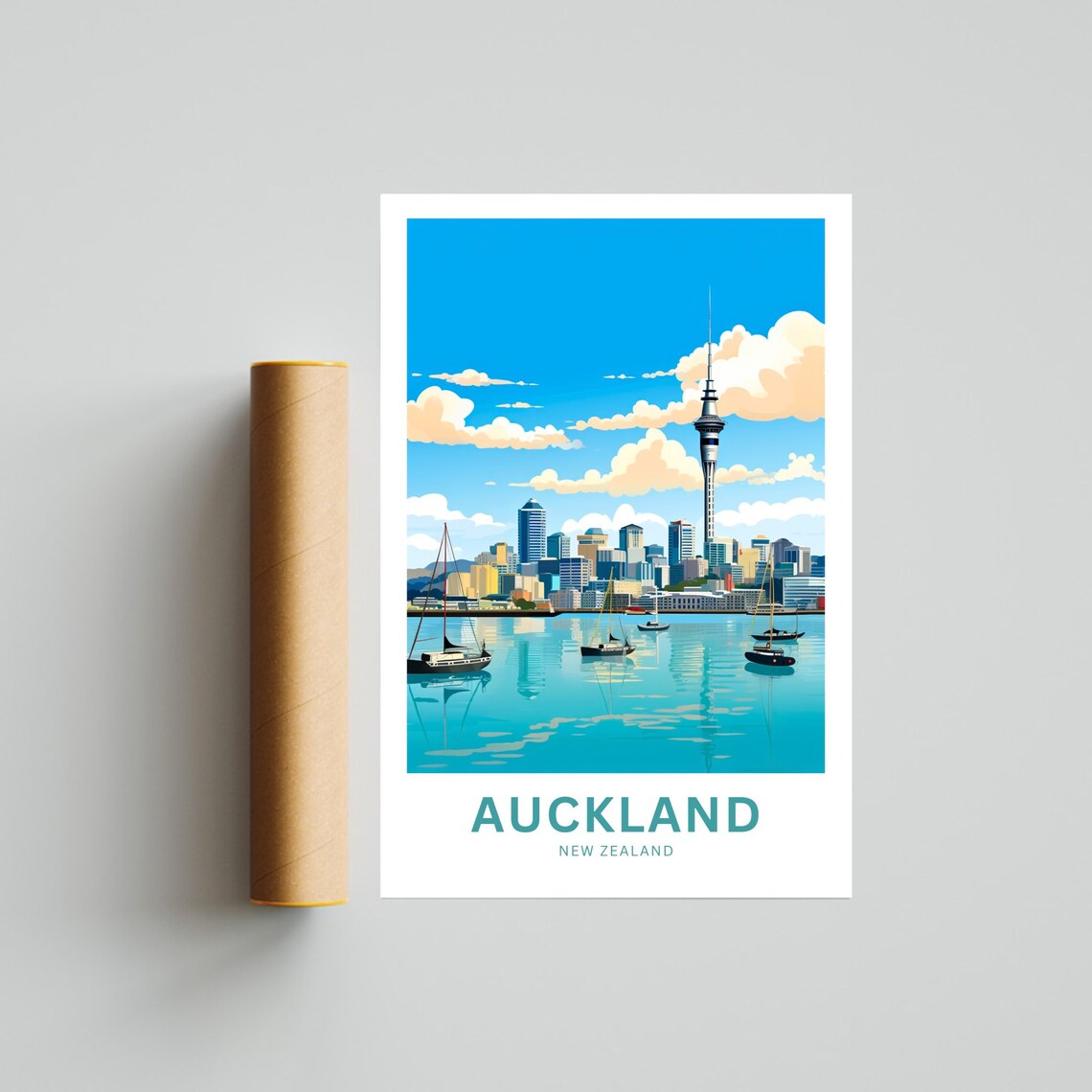 Auckland New Zealand Sky Tower Harbor Sailboat Skyline Travel Poster - Image 4