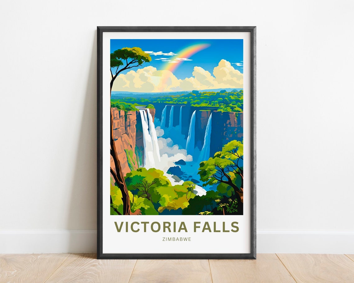 Victoria Falls Zimbabwe Waterfall Rainbow Panorama Travel Poster