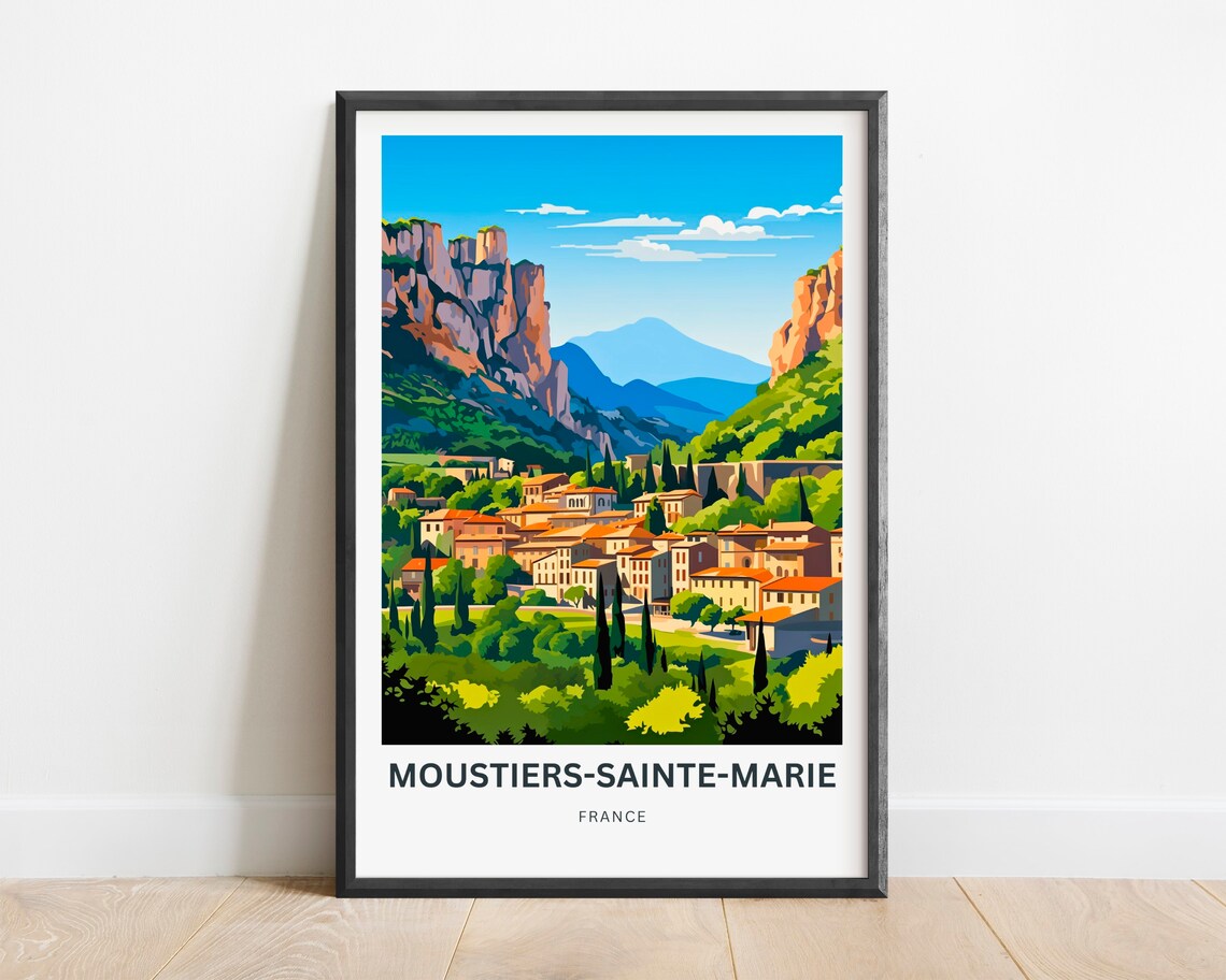 Moustiers-Sainte-Marie France Cliffs Village Greenery Travel Poster