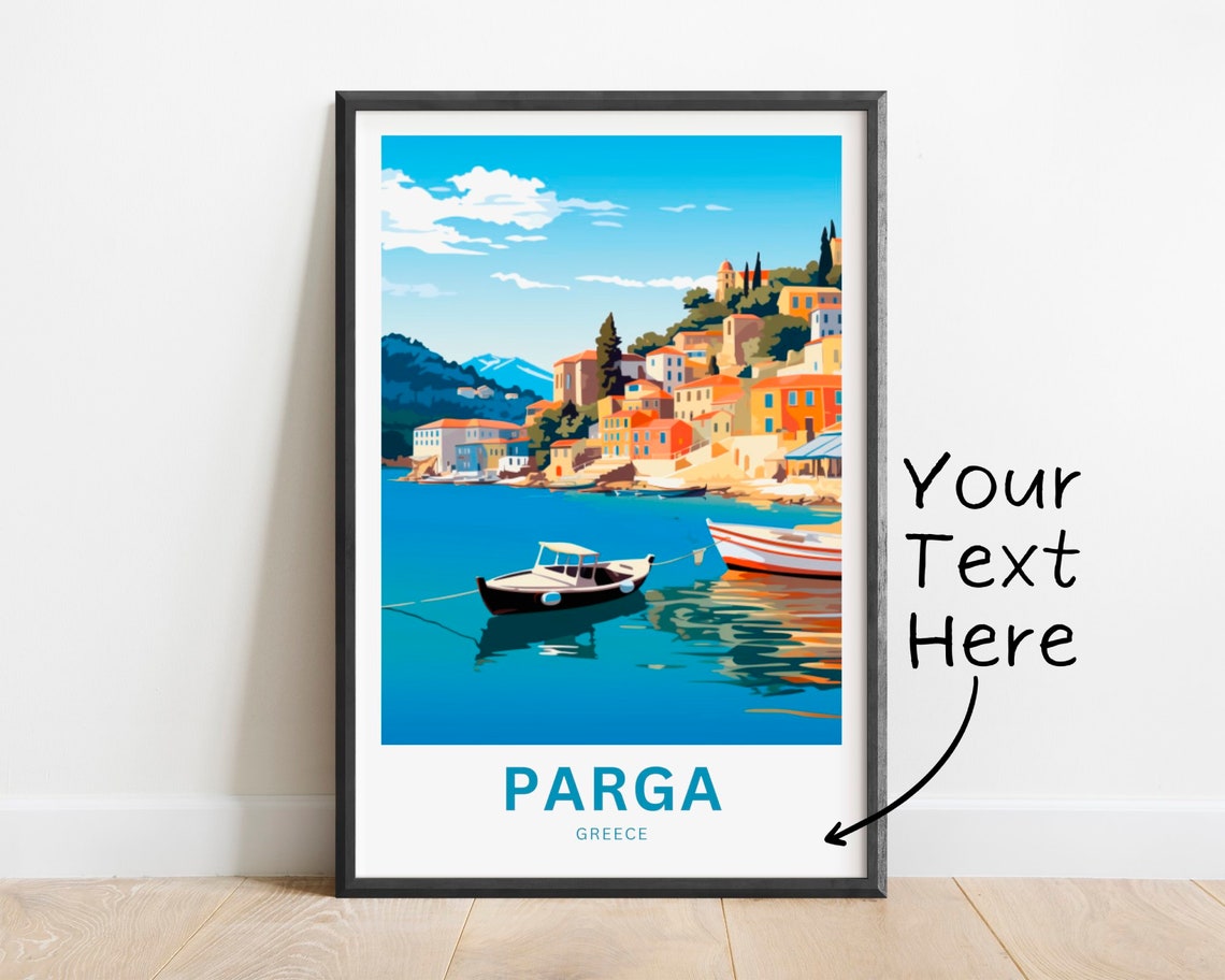 Personalized Parga Greece Harbor Scene Travel Poster with Custom Text
