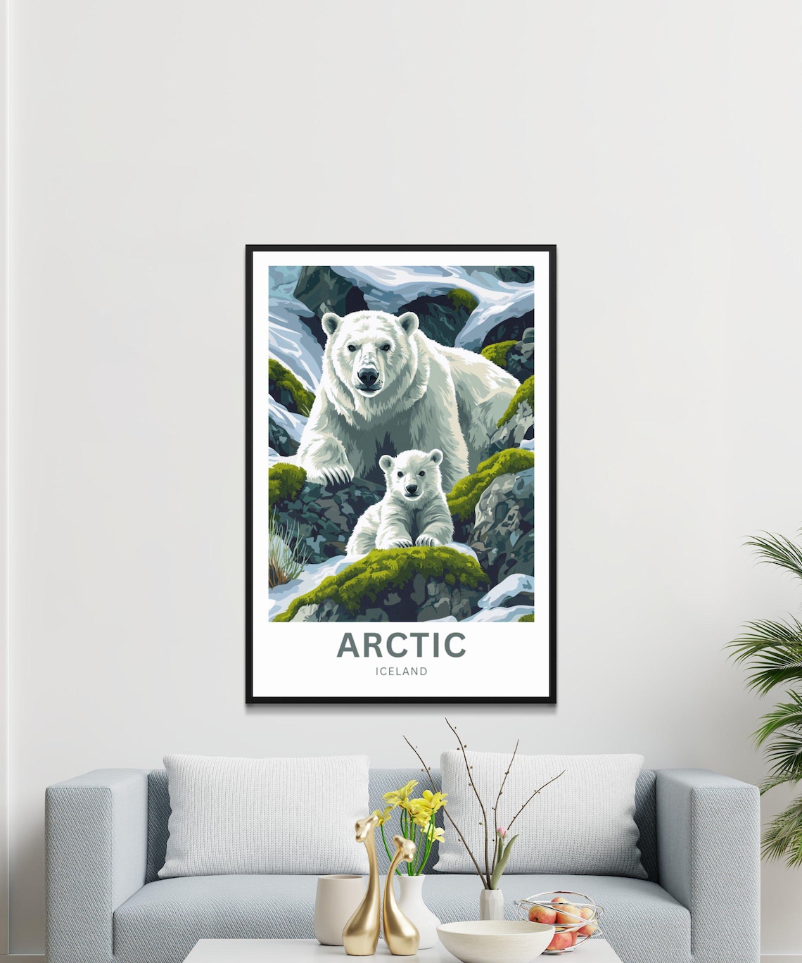 Arctic Iceland Polar Bear and Cub on Mossy Snowy Rocks Poster - Image 3