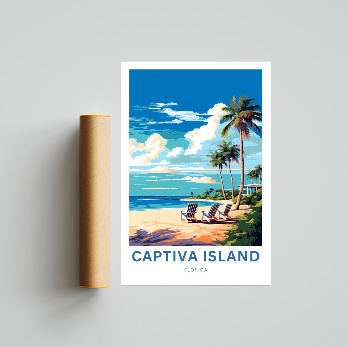 Captiva Island Florida Tropical Beach Lounge Chairs Palm Art Poster - Image 4