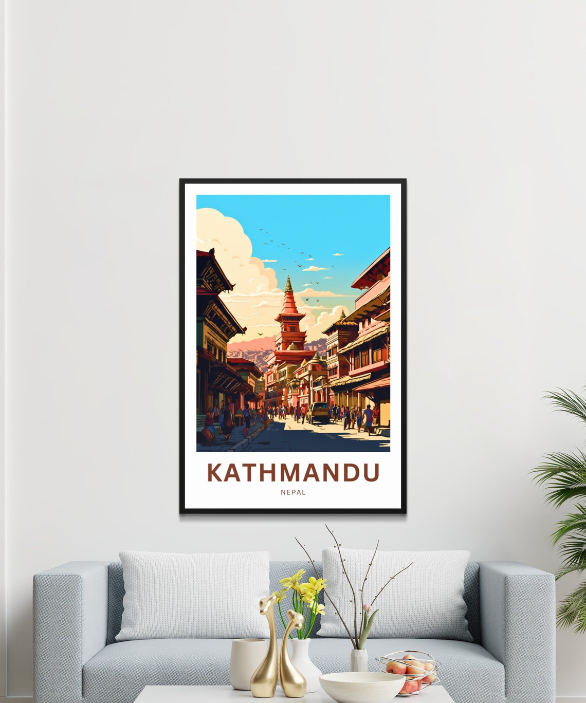 Kathmandu Nepal Old Town Temple Street Vintage Travel Poster - Image 3