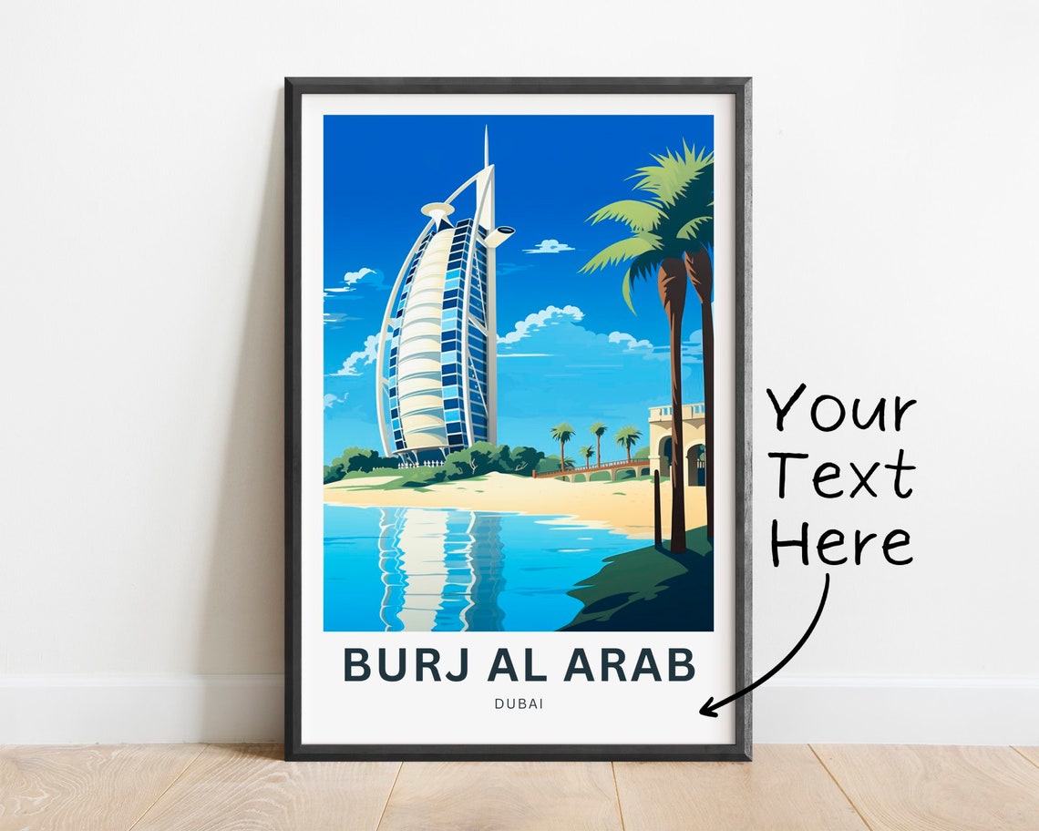 Burj Al Arab Dubai Sail Hotel Beach Custom Text Travel Poster