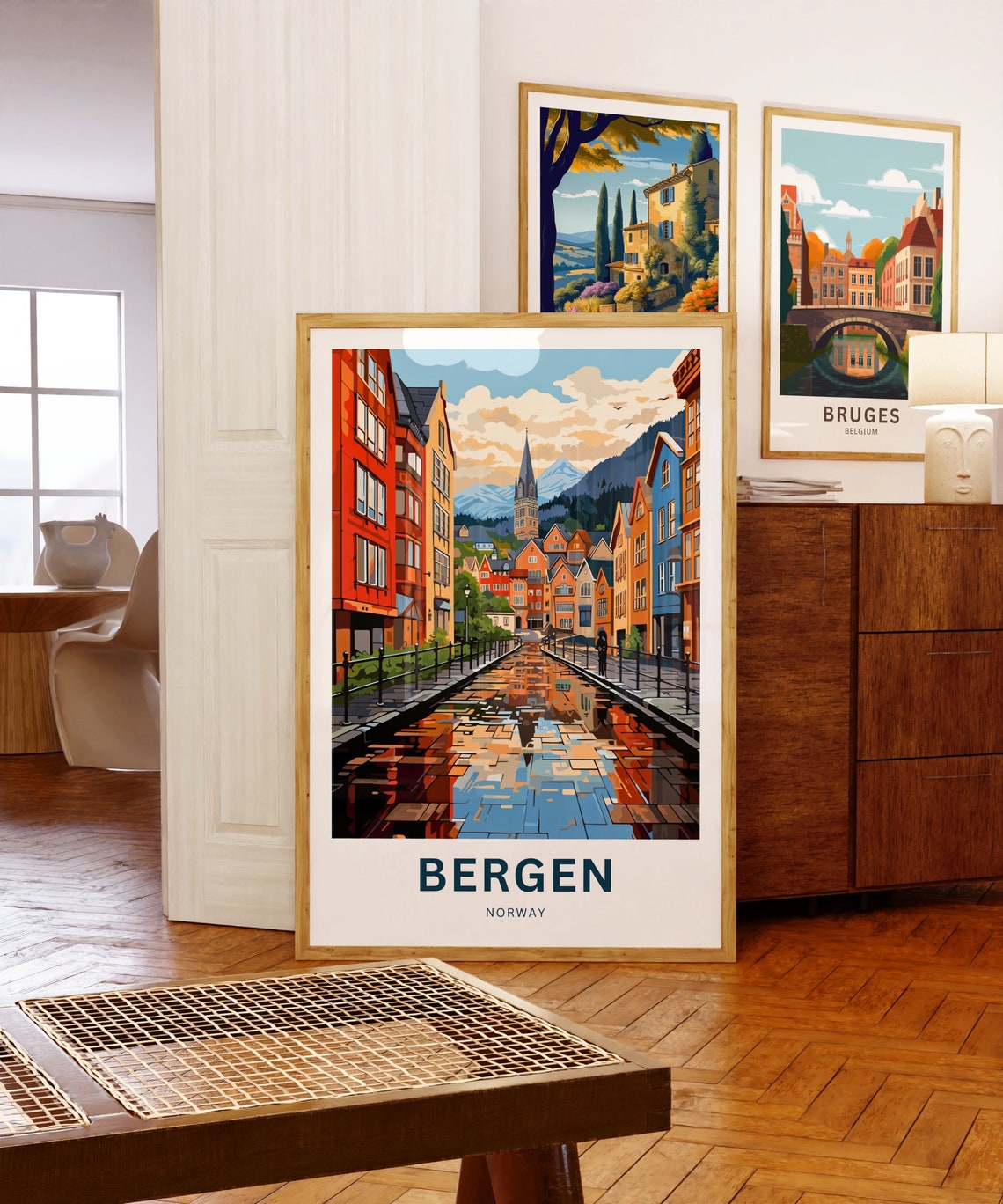 Personalized Bergen Norway Rainy Cobblestone Street Scene Poster - Image 5