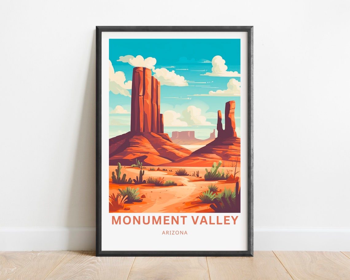 Monument Valley Arizona Red Sandstone Buttes Over Desert Cactus Poster