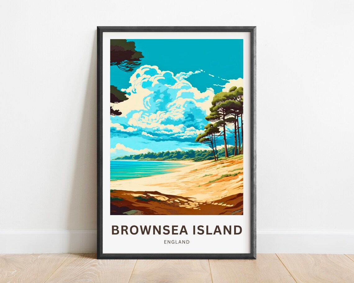 Brownsea Island England Scenic Sandy Beach Pine Trees Travel Poster