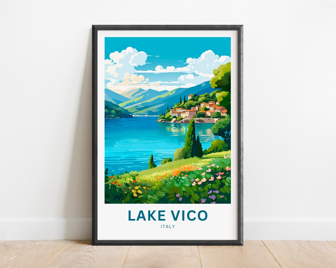 Lake Vico Italy Lakeside Village Cypress Trees Scenic Travel Poster