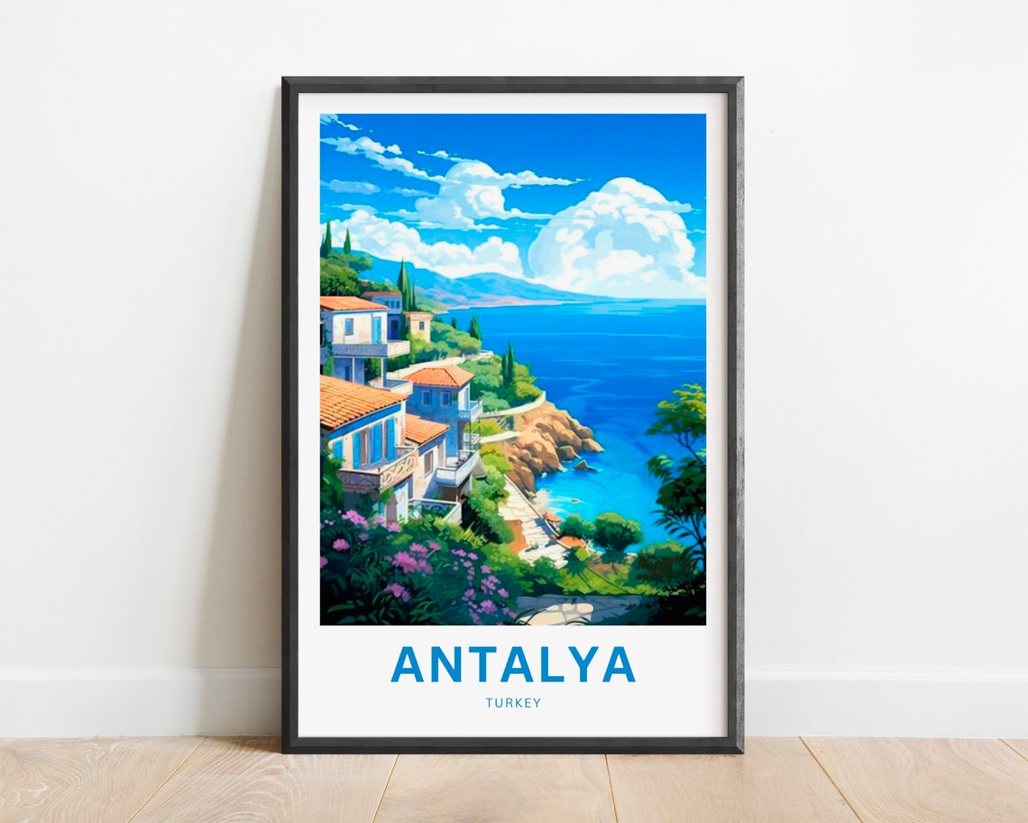 Antalya Turkey Poster with Mediterranean Cliffside Homes and Sea Art