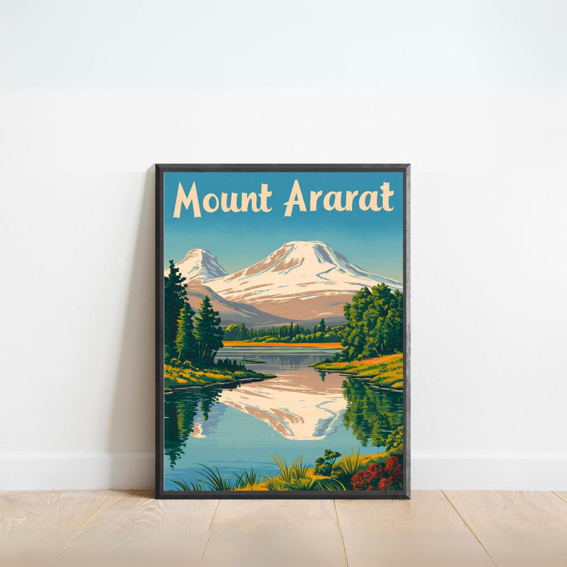Mount Ararat Vintage Snow Capped Twin Peaks Lake Reflection Poster
