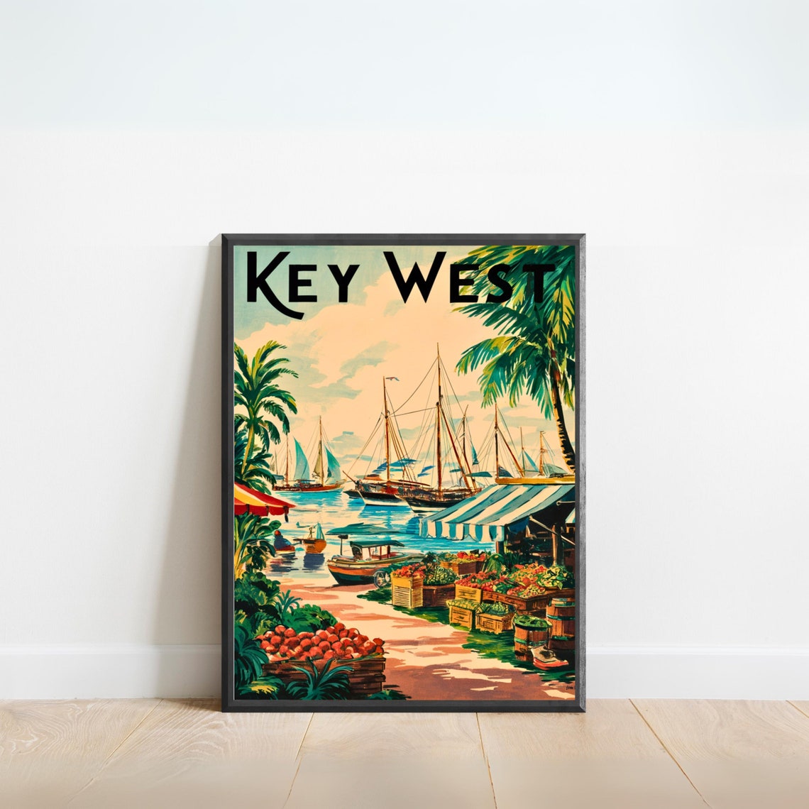 Key West Florida Harbor Sailboats Market Retro Travel Poster