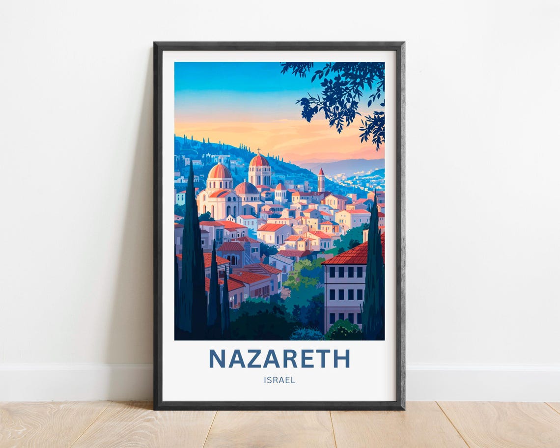 Nazareth Israel Sunset Old Town Church Domes Skyline Travel Poster
