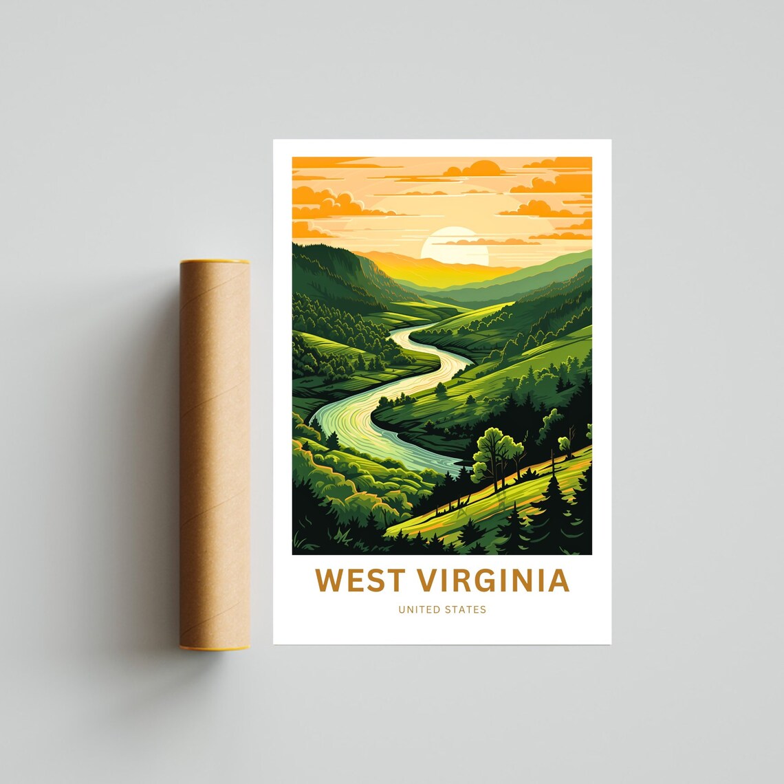 West Virginia Winding River Valley Sunset Hills Travel Poster - Image 4