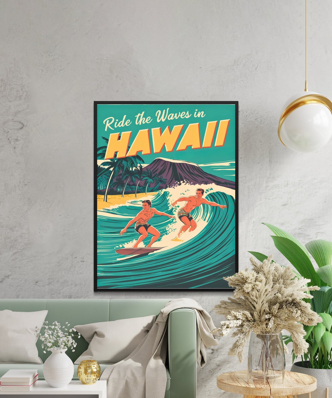 Ride the Waves in Hawaii Retro Surf Volcano Beach Vintage Poster - Image 2