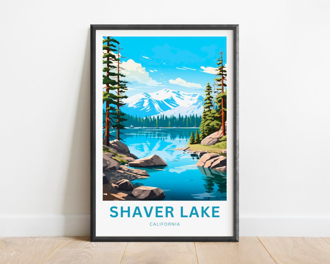 Shaver Lake California Rocky Cove Snow Peaks Travel Art Poster