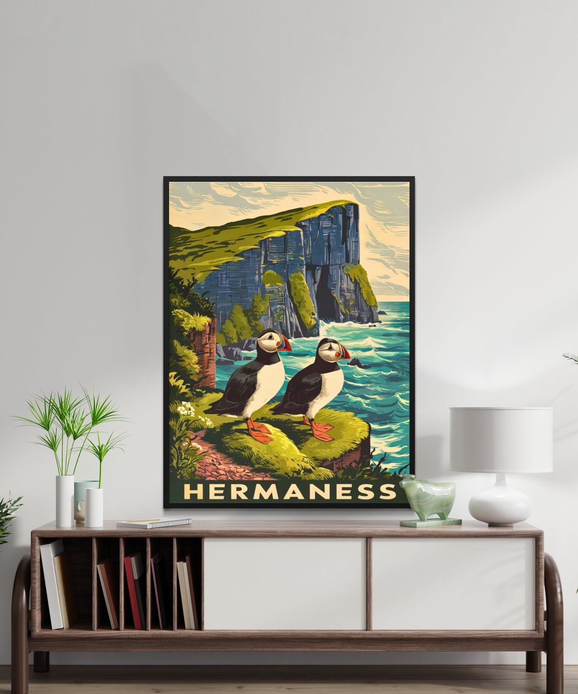 Hermaness Vintage Travel Style Puffins on Sea Stack Cliffs Poster - Image 2