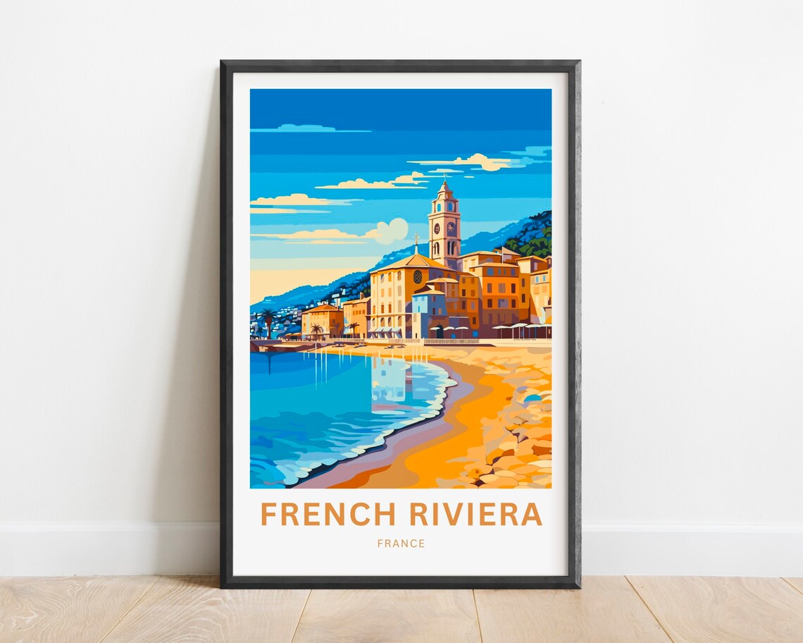 French Riviera France Travel Poster Golden Beach Clock Tower Town Art