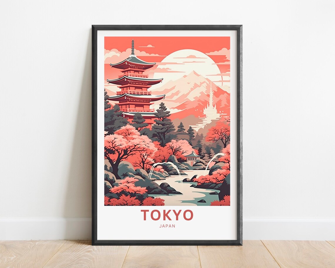 Tokyo Japan Cherry Blossom Pagoda Mount Fuji Travel Art Poster