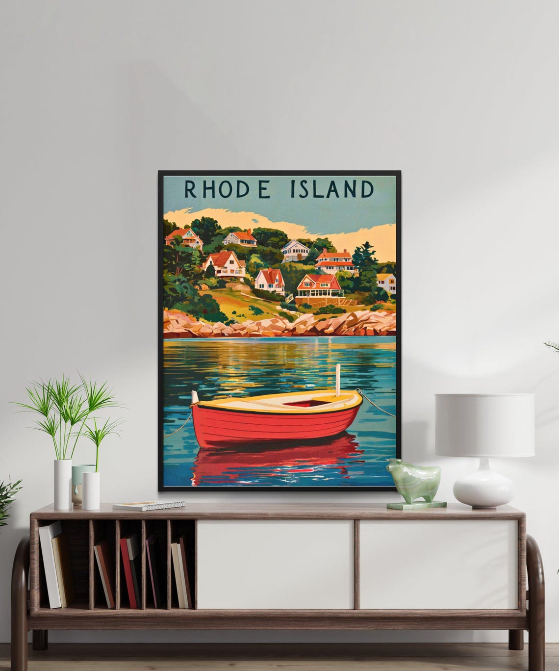Rhode Island Harbor Red Rowboat Shoreline Cottages Vintage Poster - Image 4
