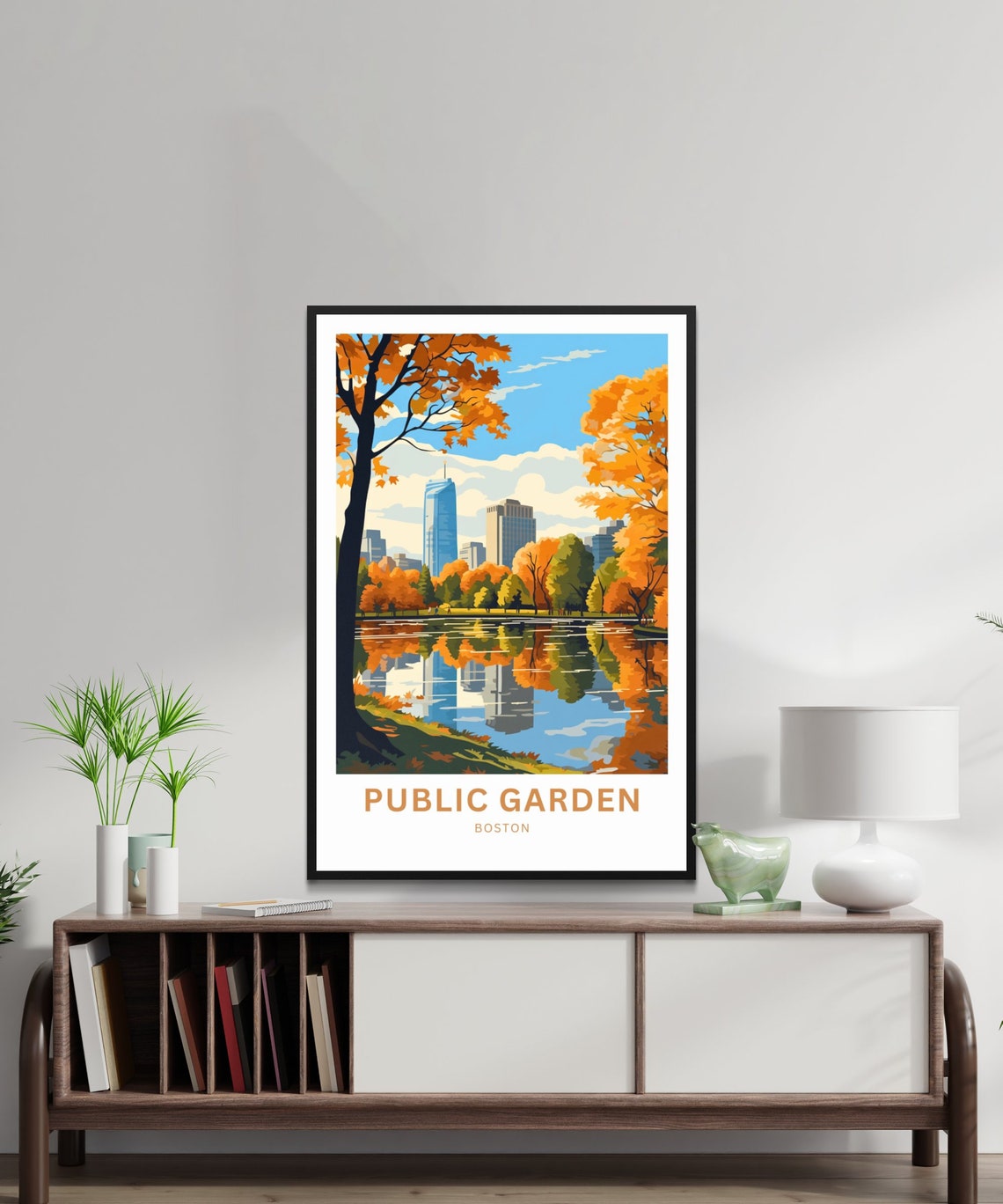 Boston Public Garden Pond Autumn Foliage Skyline Reflection Poster - Image 3
