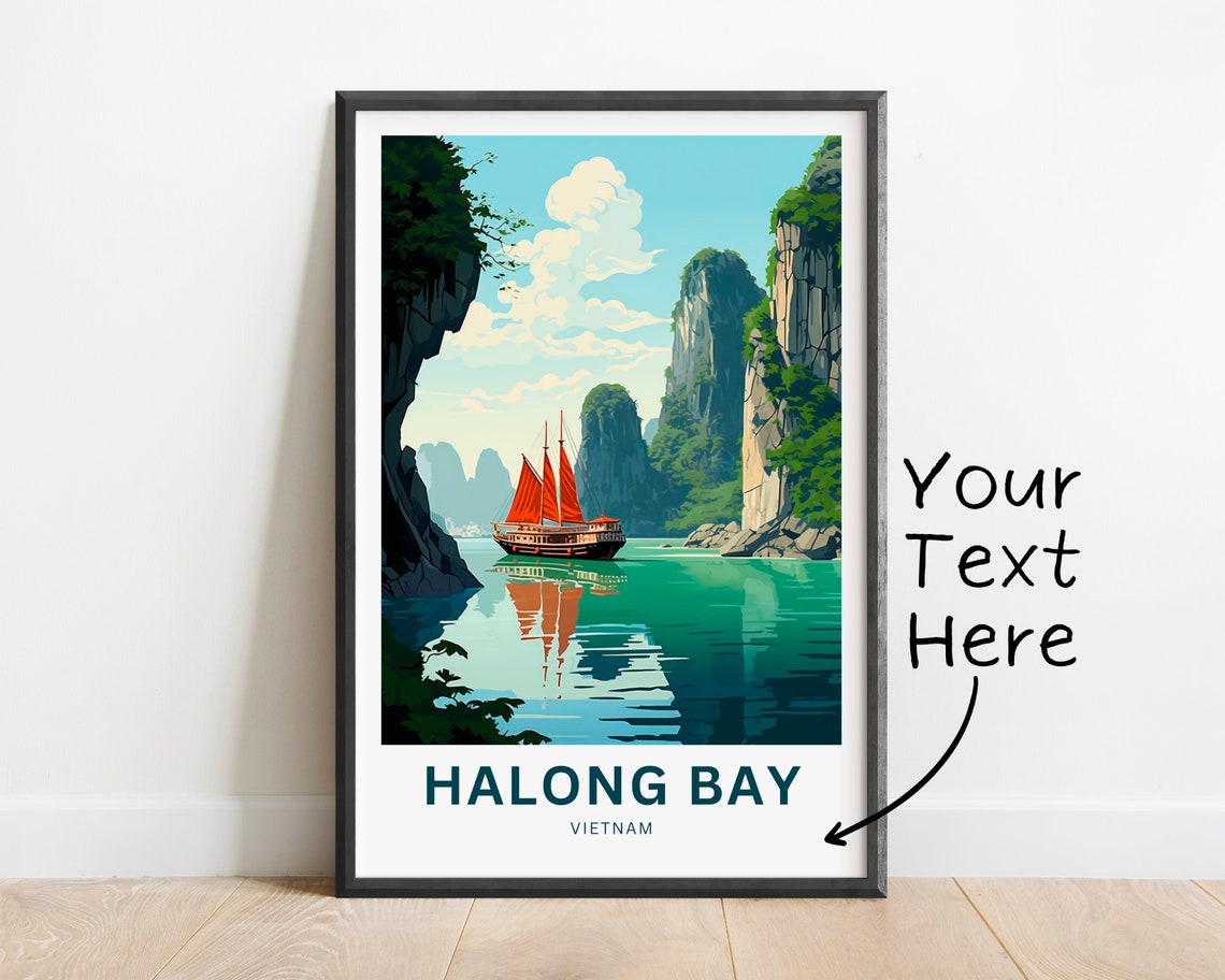 Halong Bay Vietnam Custom Name Karsts Red Sail Junk Boat Poster