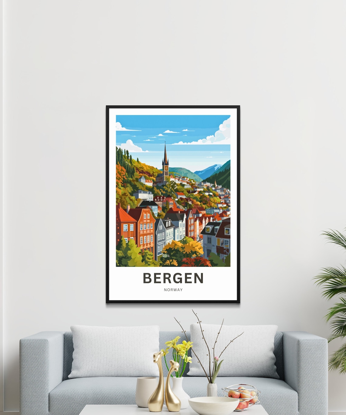 Bergen Norway Hillside Church Spire Autumn Rooftops Travel Poster - Image 3